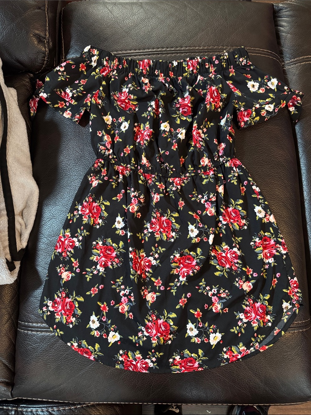 Black Off-Shoulder Floral Dress with Red Roses